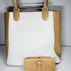 New LEVENGER Handbag White Canvas Tan Alligator Le